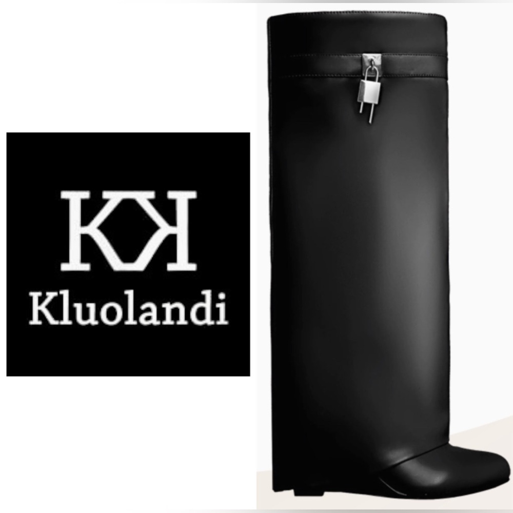 NEW IN BOX Black Fold Over Wedge Heel Wide Calf Pull On Knee High Boots Size 10 - Picture 8 of 16